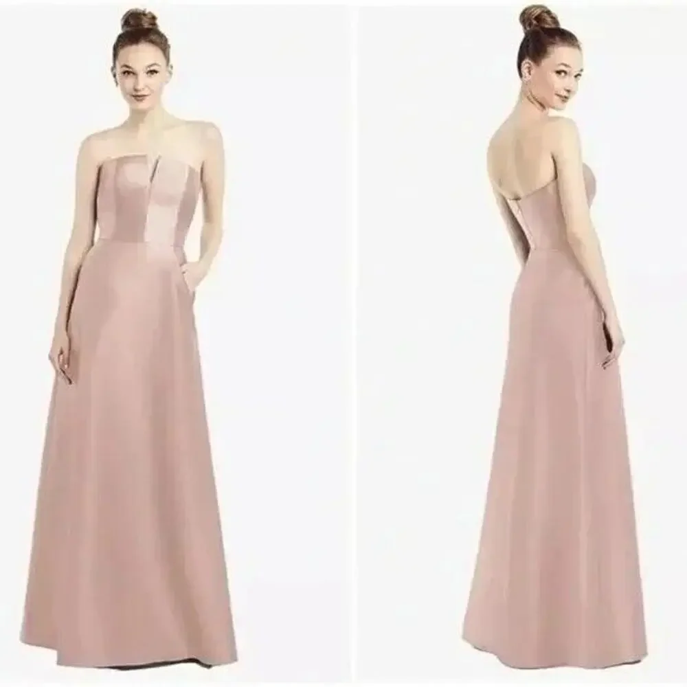 NWT Alfred Sung Strapless Notch Twill Satin Maxi Dress Pockets 6 Toasted Sugar - Picture 11 of 15